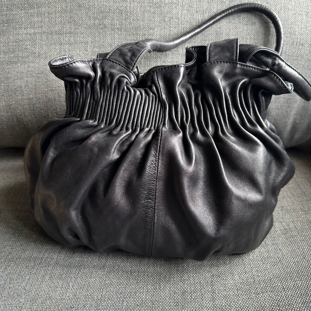 Vintage Ashneil Black Nappa Leather Rosette Fringe Slouchy Handbag Shoulder Bag - Picture 9 of 10